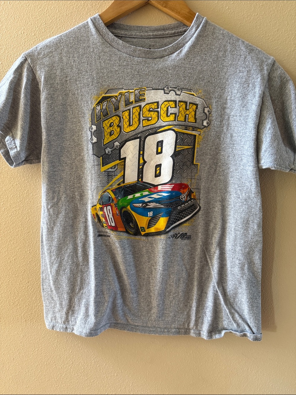 Kyle Busch #18 Kids Short Sleeve Tee - Grey with Multi-Color Car Graphic